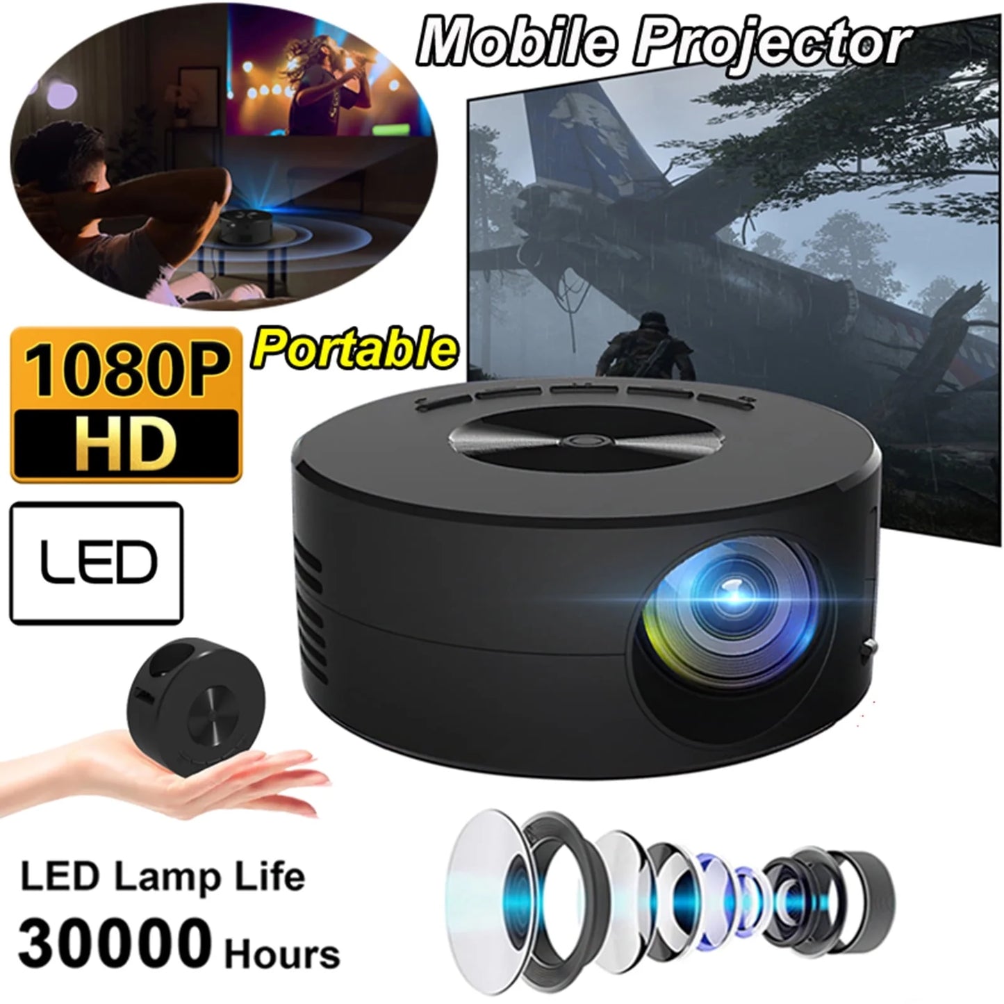 Mini Projector, 1920*1080P HD Home Theater Movie Projector, LED Pico Video Mobile Phone Projector W/ Remote Control